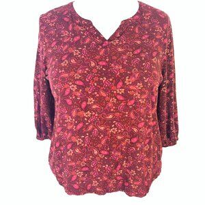 Croft & Barrow Blouse Womens XL Peasant Top Brown Burgundy V-Neck 3/4 Sleeve
